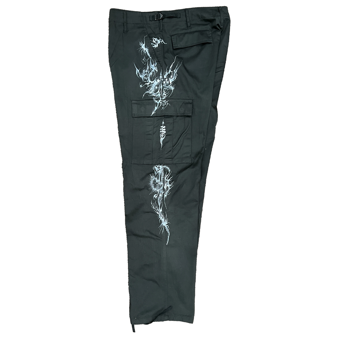 Black pants with white graphic designs on a white background