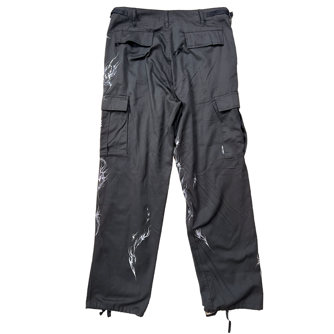 Dark gray cargo pants with white abstract designs on a white background