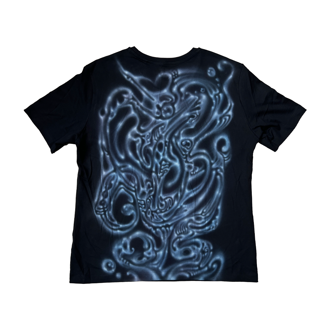 Black t-shirt with blue graphic design on a white background