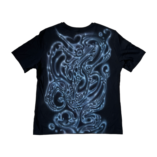 Black t-shirt with blue graphic design on a white background