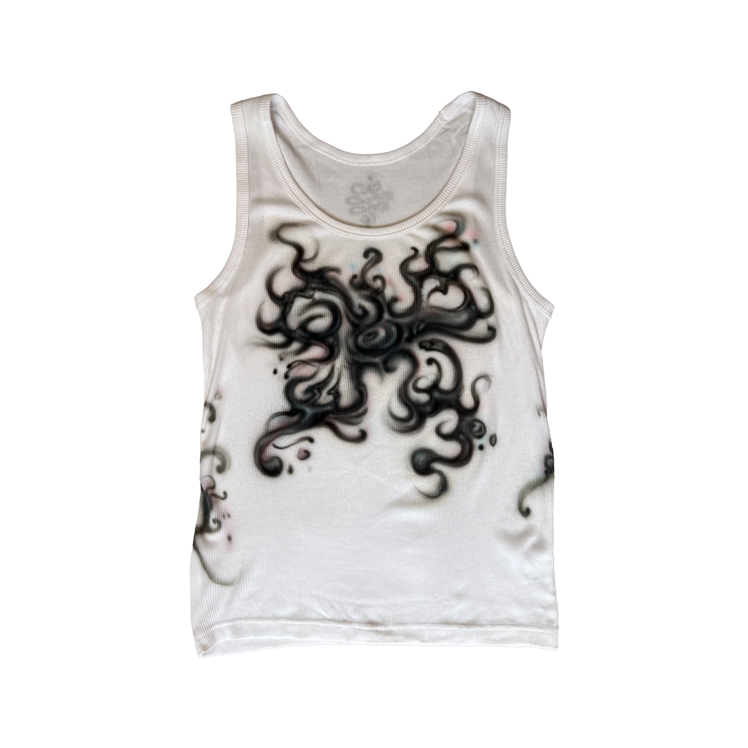 White tank top with black abstract design on a white background
