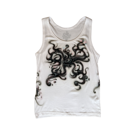 White tank top with black abstract design on a white background