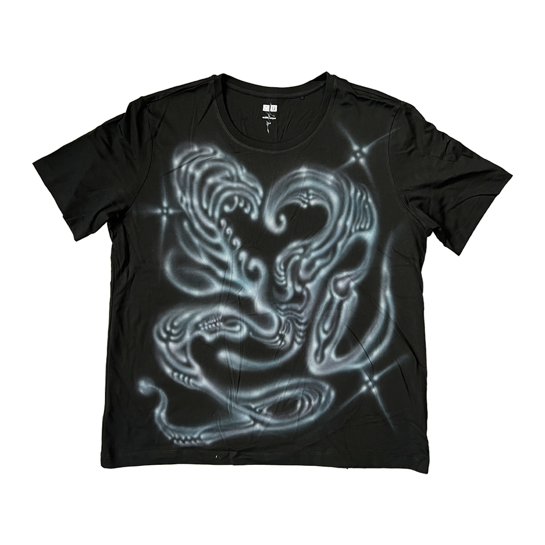 Black t-shirt with a dragon design on a white background