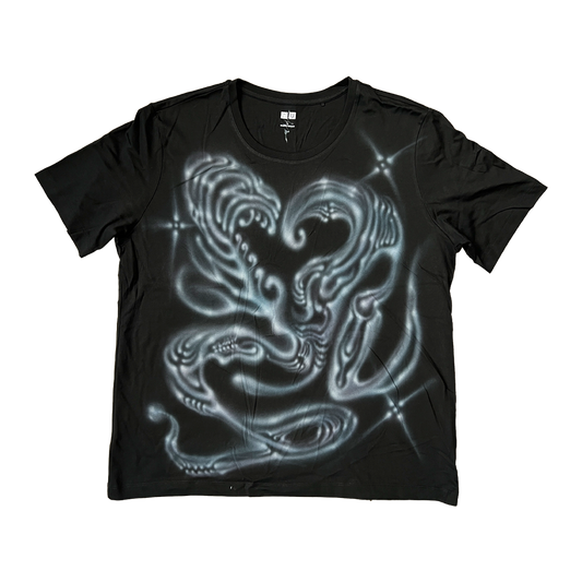 Black t-shirt with a dragon design on a white background