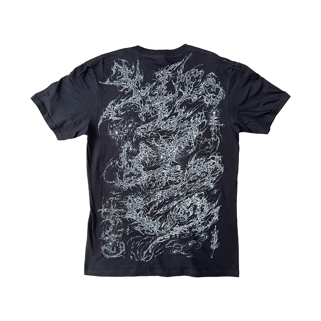 Black t-shirt with white abstract design on a white background