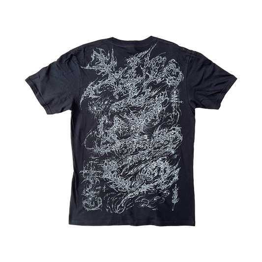 Black t-shirt with white abstract design on a white background
