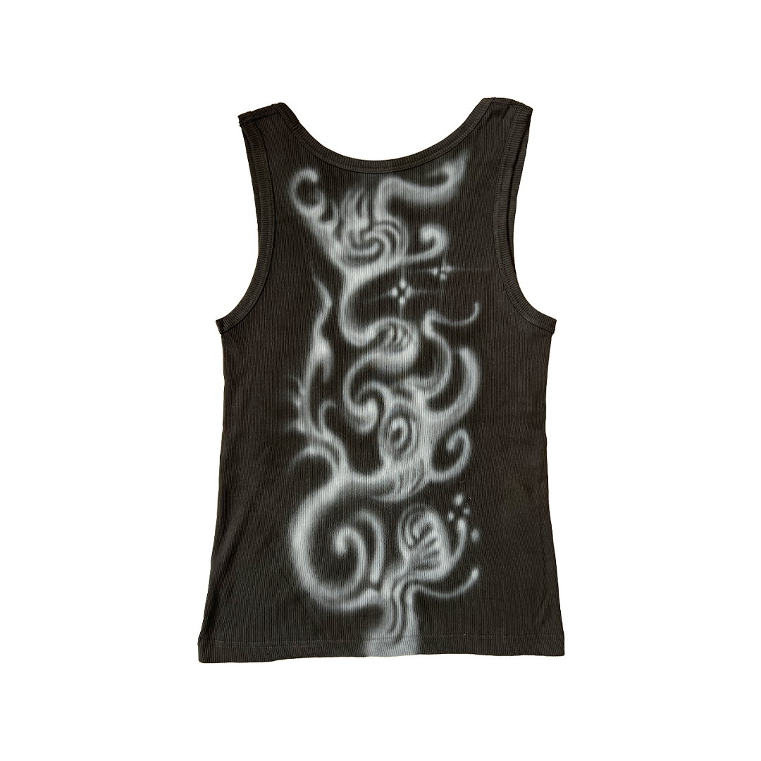 Black tank top with white dragon design on a white background