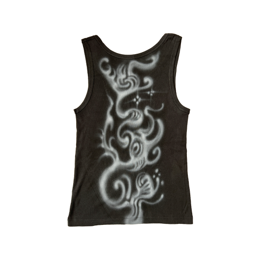 Black tank top with white dragon design on a white background