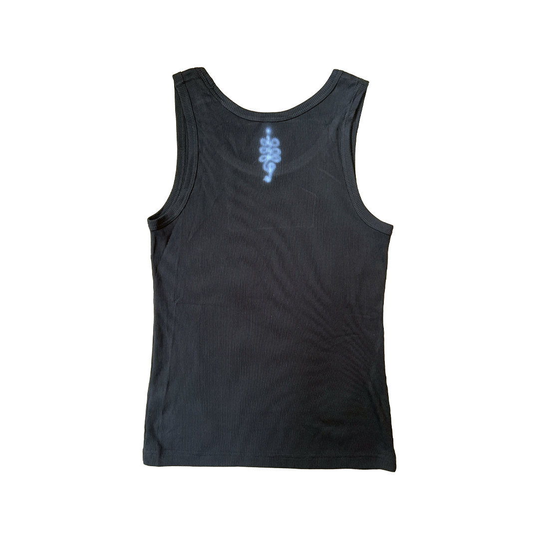 Black tank top with a small design on the back against a white background