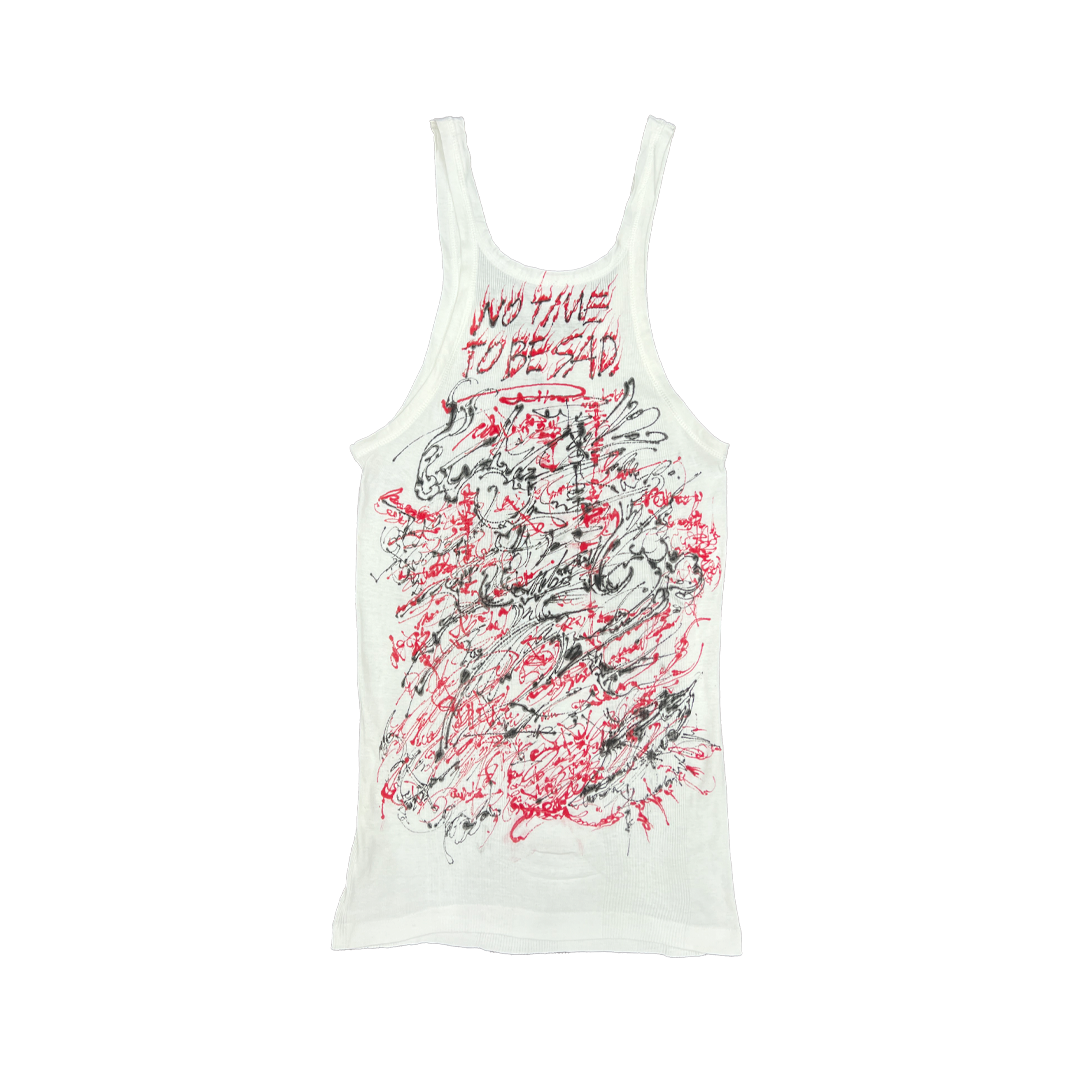 White tank top with red and black graphic design and text on a white background