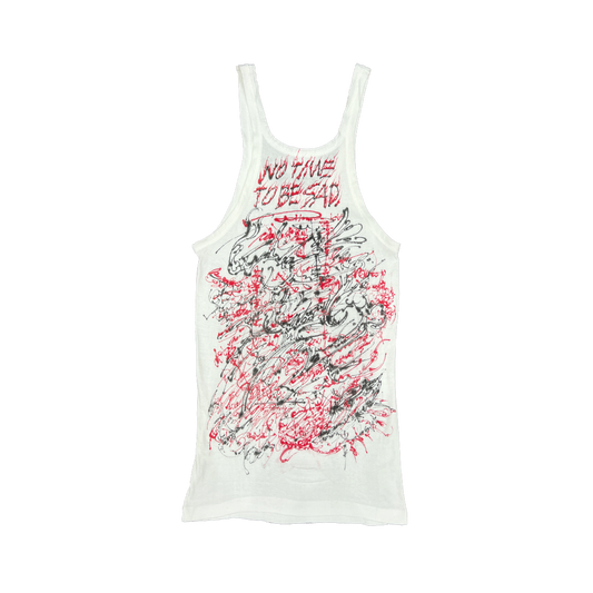 White tank top with red and black graphic design and text on a white background
