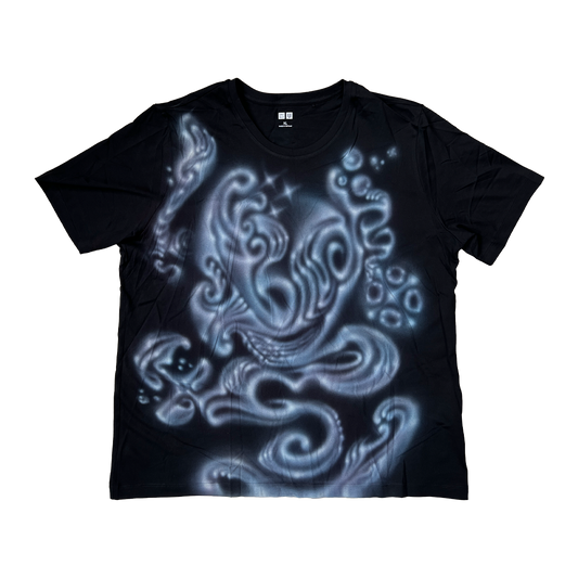 Black t-shirt with a white octopus design on a white background