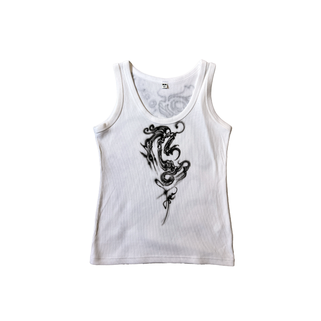 White tank top with black abstract design on a white background