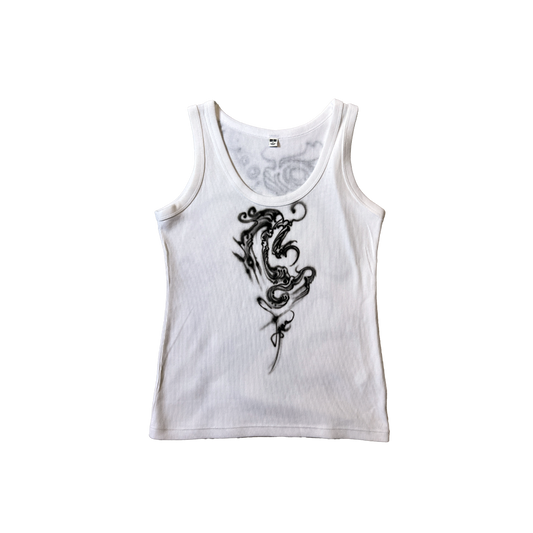 White tank top with black abstract design on a white background